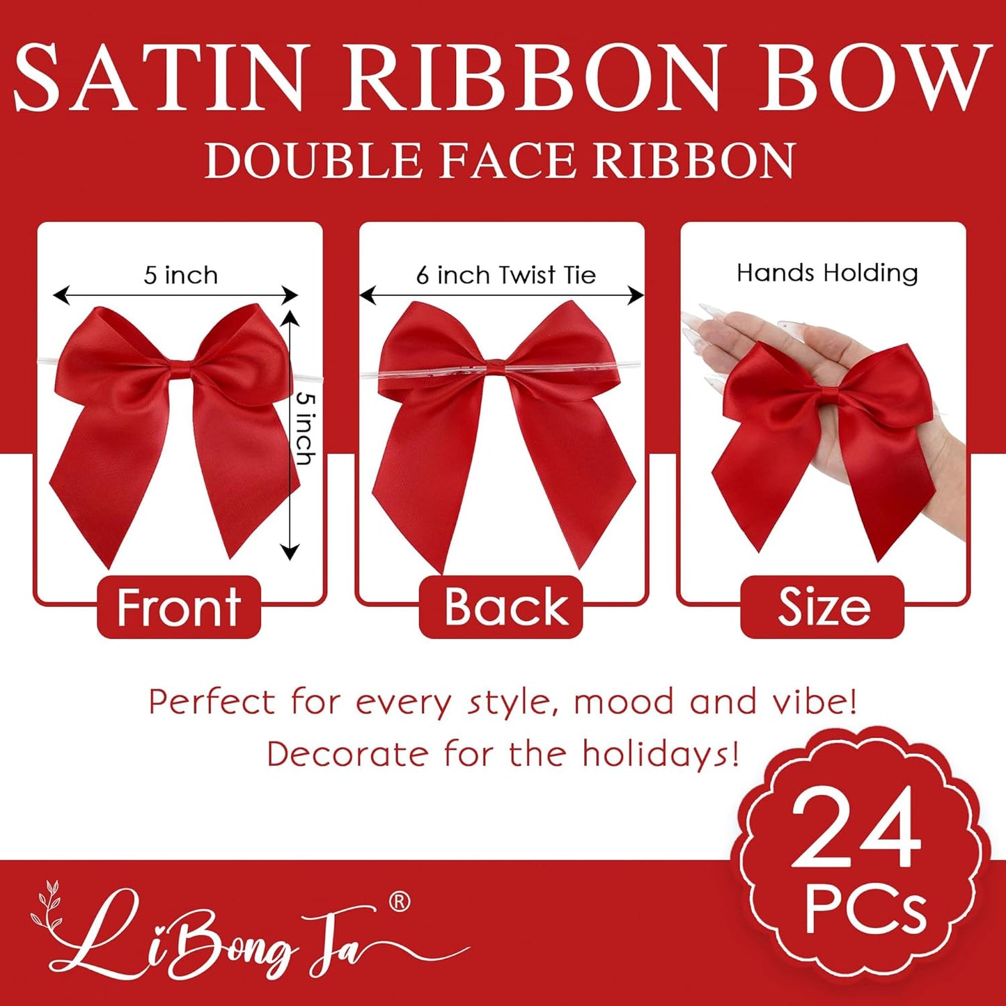5'' Red Bow Party Decorations Satin Bows, Twist Tie Bows for Treat Bags, Cake Pops, Pre-Tied Bow Premade Ribbon Bows for Crafts, Holiday Bows for Gift Wrapping, Wedding Decor-24 Counts