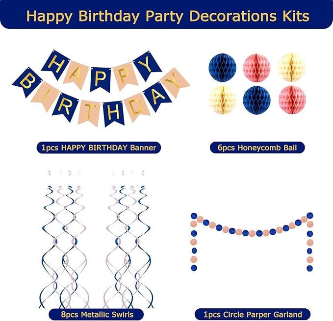 Navy Rose Gold Birthday Decorations with Happy Birthday Banner, Paper Honeycomb Balls, Circle Garland and Hanging Swirl Decorations