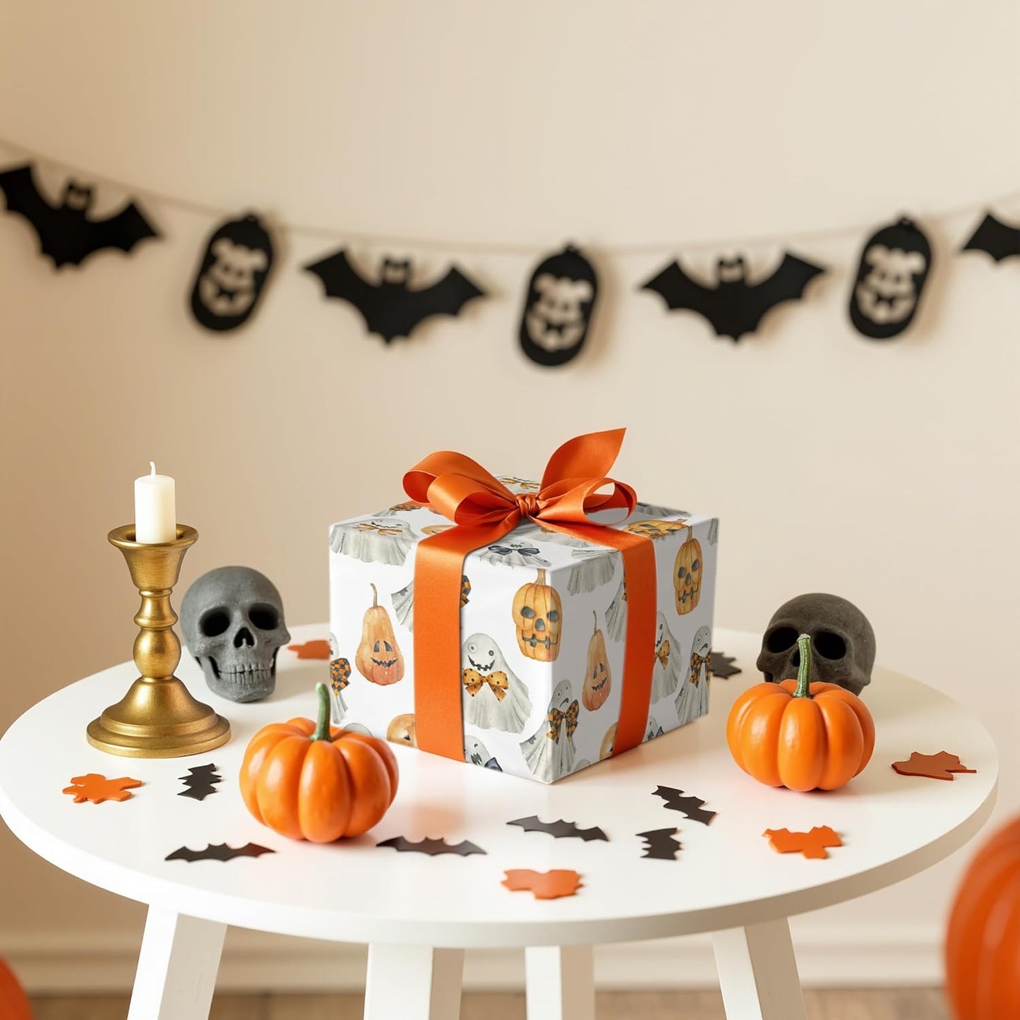 LeZakaa Halloween Wrapping Paper Roll for Kids, Watercolor Ghosts Pumpkins with Bows Spooky Soft Vintage Design, for Trick-or-Treat Decor,Aesthetic Holiday Packaging, Mini Roll 17 in x 16.4 Ft