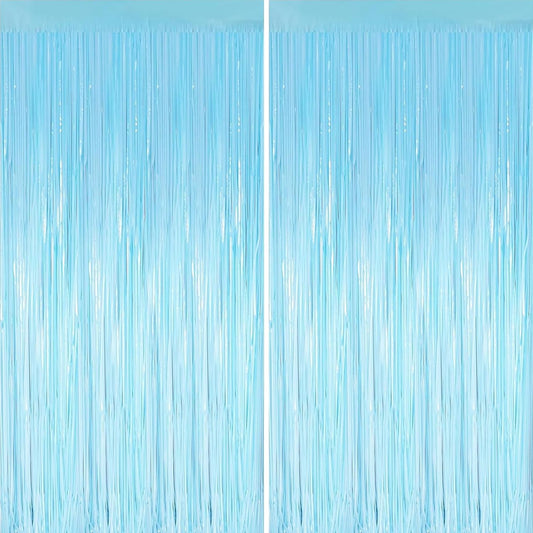 Keyali 2 Pack 3.3 * 8.3 ft Foil Curtain Metallic Tinsel Fringe Curtains Photo Booth Props Backdrop for Birthday Wedding Engagement Baby Shower Christmas Holiday Celebration Party，Macaron Light Blue