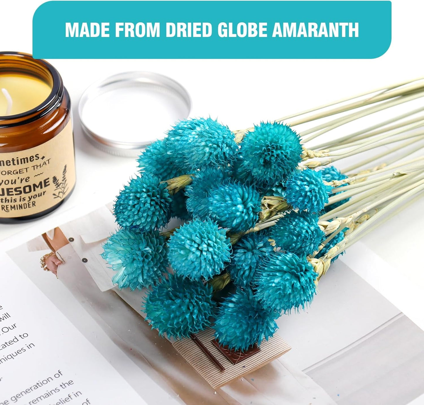 Dried Flower Tiffany Blue Globe Amaranth with Wheat Straw Natural - 40PCS Bouquet for Vase Home Decor Party DIY Arrangement