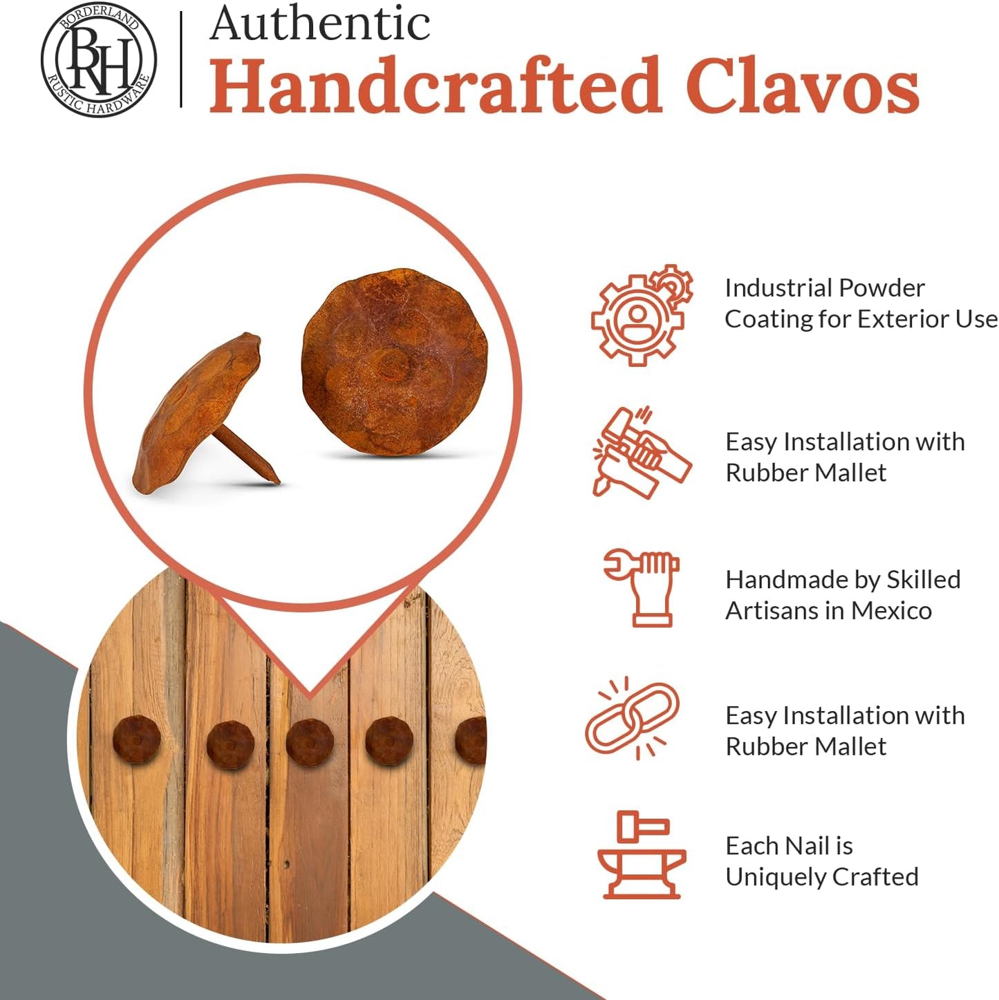 10 Pack 1.5" Round Head Iron Clavos Decorative Nails – Rusted – Handmade Rustic Round Fasteners for Farmhouse Shutters, Faux Wood Beams, Barn Doors, Shutters, Gates – Ornamental Wood Accent