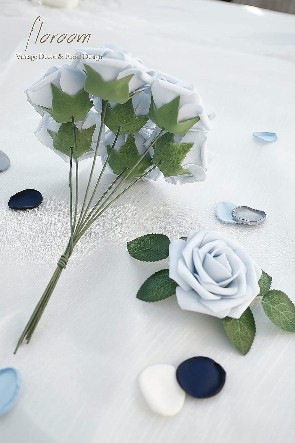 Floroom Artificial Flowers 50pcs Real Looking Powder Blue Foam Fake Roses with Stems for DIY Wedding Bouquets Bridal Shower Centerpieces Floral Arrangements Party Tables Home Decorations