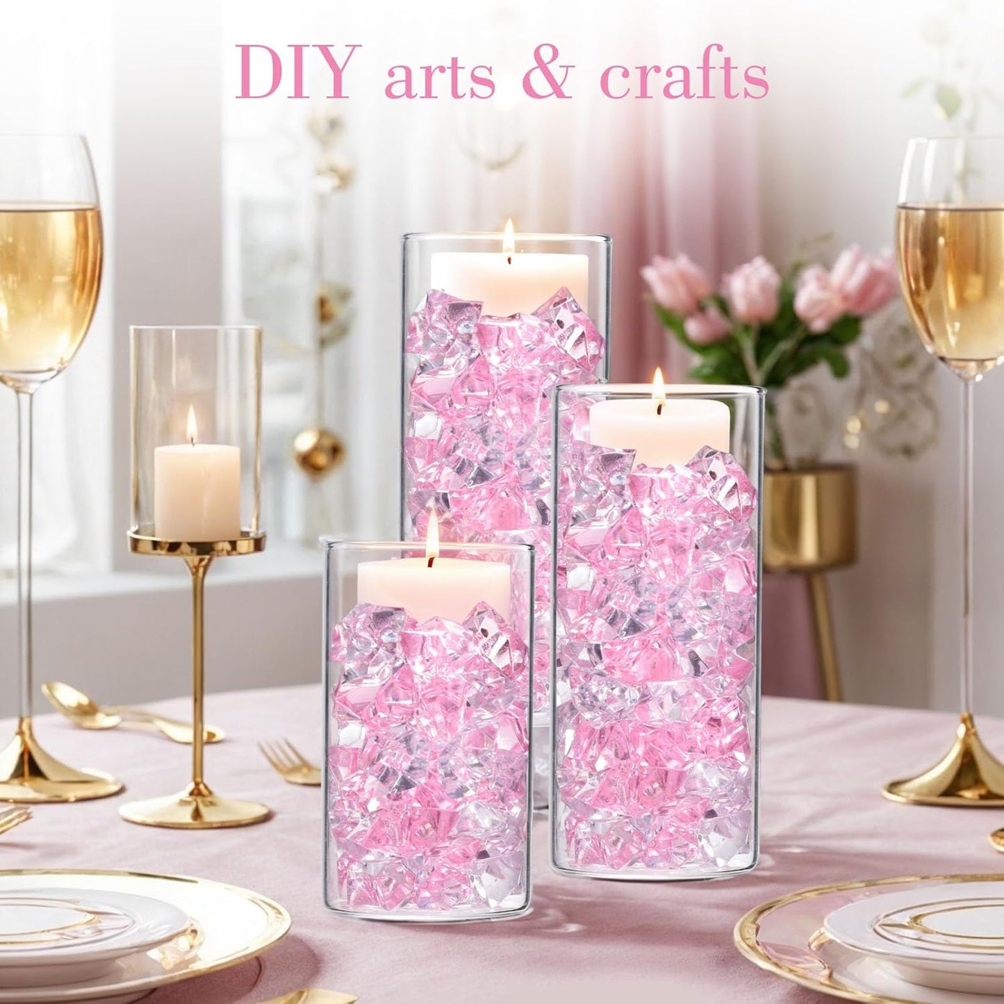 DomeStar Fake Ice, 150PCS Acrylic Fake Diamonds Vase Fillers Pink and Transparent Rocks Plastic Gems for Party Table Scatter Decor