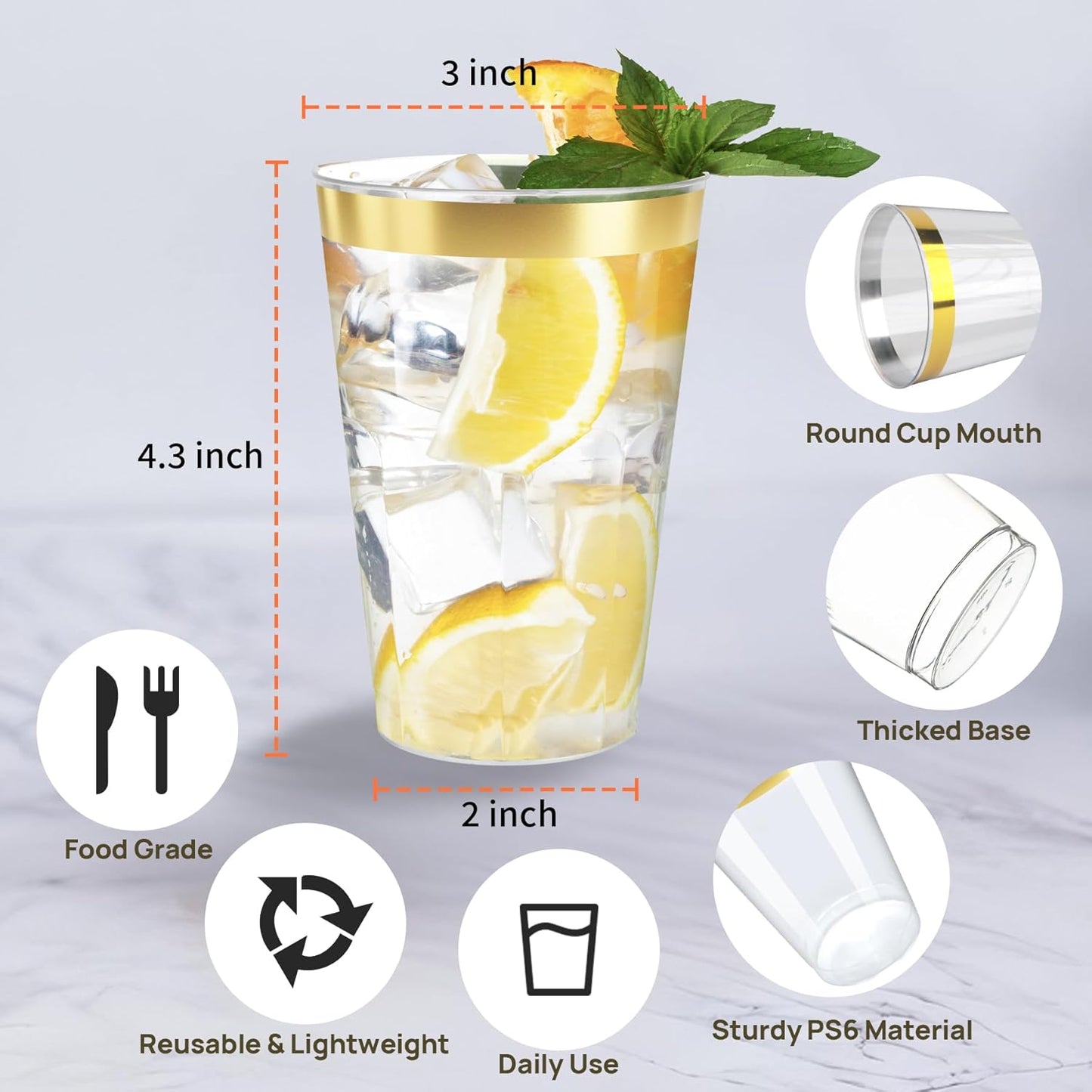 12oz Clear Plastic Cups with Gold Rimmed Sturdy & Food Safe Disposable Wine Glasses Wedding Cups Party Cups Plastic Cocktail Glasses for Wine, Juice, Cocktails and Cold Beverages [100 Pack]
