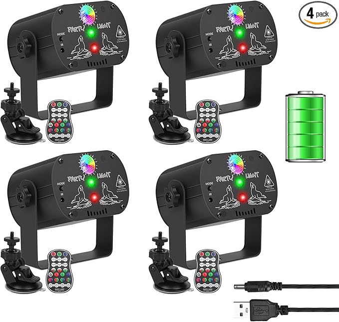 4-Pack Party Lights DJ Disco Light, RGB LED Strobe Light, Battery Powered Sound Activated Projector with Remote Control for Christmas Halloween Decorations Birthday Stage Show Dance Wedding