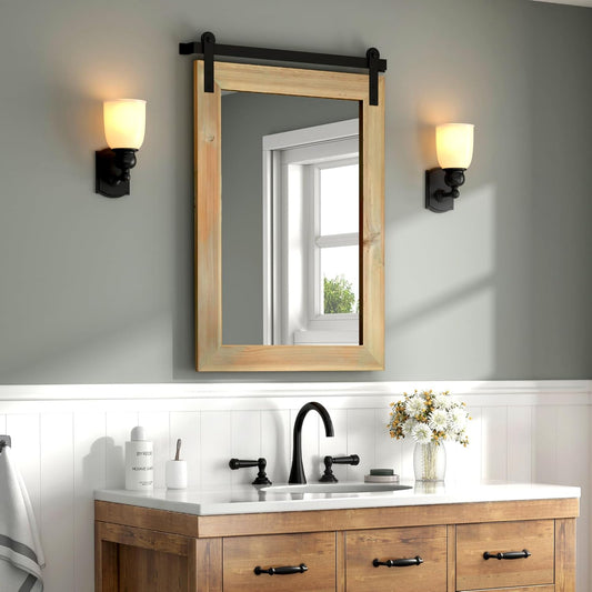 COGOOD Farmhouse Barn Door Mirror - 21" x 30" Rustic Wood Framed Wall Mirror for Bathroom, Living Room, Entryway Wall Decor (Burlywood)