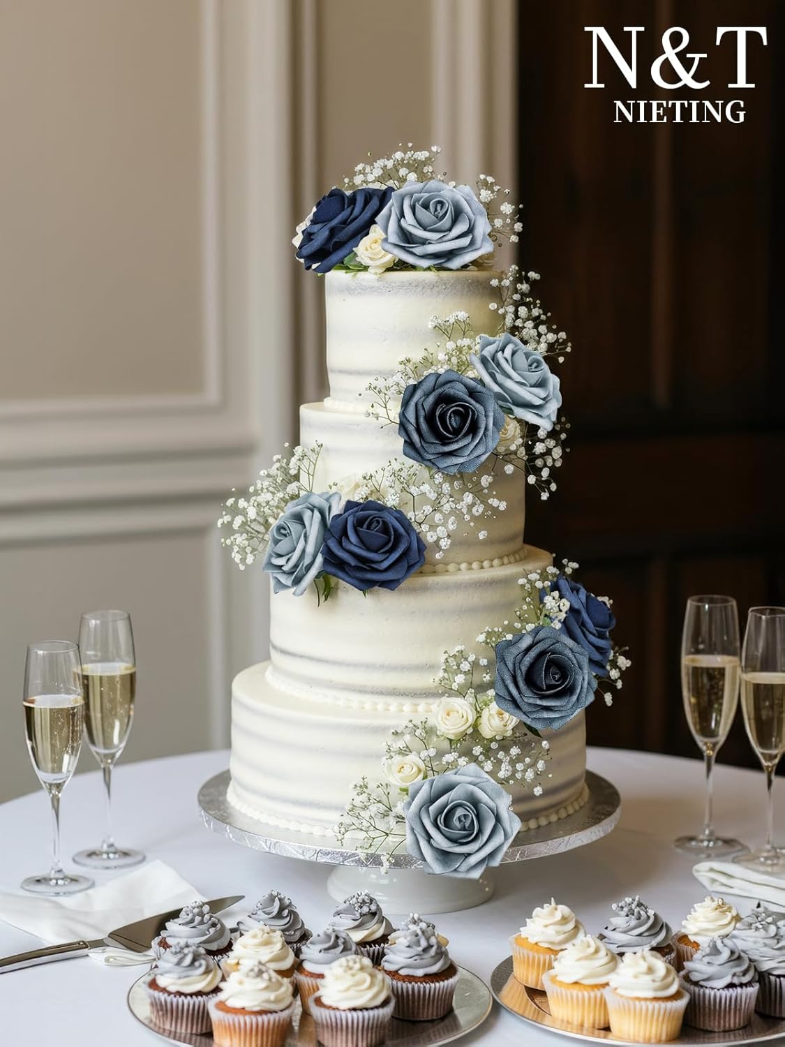 N&T NIETING Dusty Blue Fake Roses,50pcs Artificial Flowers Faux Flowers Fake Flowers for DIY Wedding Bouquets Centerpieces Floral Arrangements Home Decorations Shades of Navy Blue