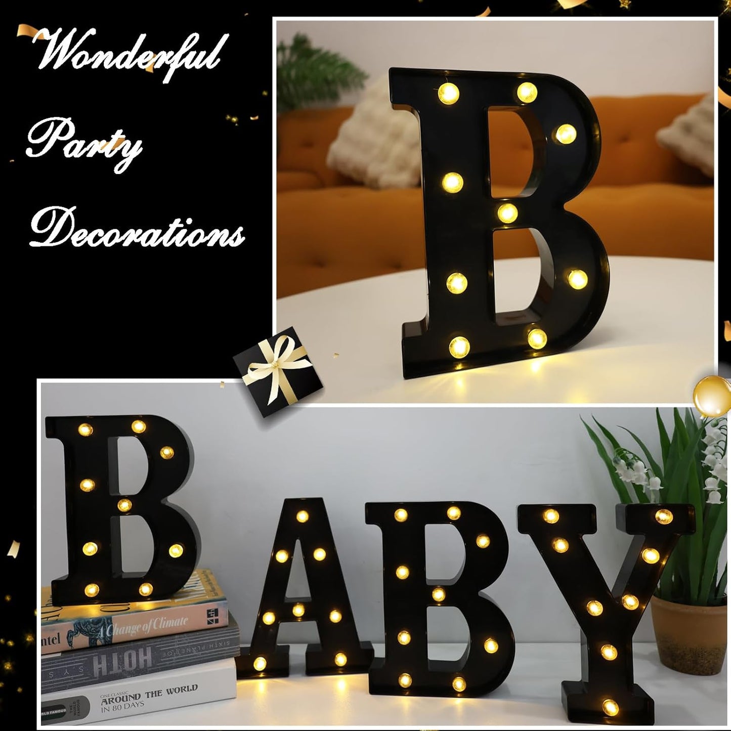 Led Marquee Letters, 8.58 Inch Black Light Up Letters, Small Led Letter Lights, Battery Powered Lighted Letterfor Table, Party, Birthday, Christmas Decor (Black, Letter B)