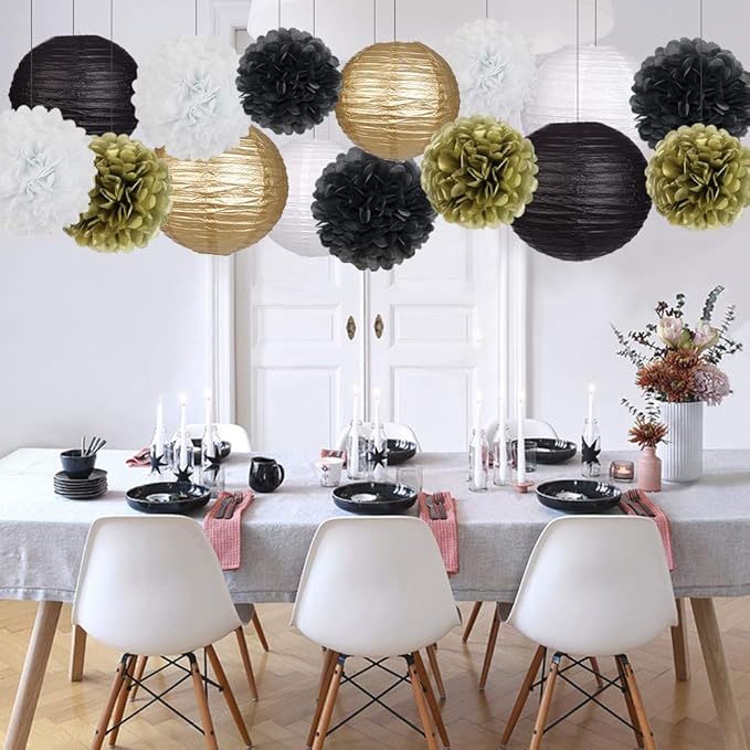 Black Gold Party Decorations, Black Gold Paper Lanterns and Pom Poms Flowers for Birthday Graduation Masquerade New Years Party Decor 15 Pieces
