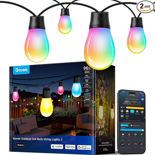 Govee S14 Bulb Outdoor String Lights 2, 96ft Smart RGBIC Warm White Patio Lights with 15 LED Bulbs, 111 Scene Modes for Outdoor Decor, Upgraded IP66 Compatible with Alexa, Google, Matter, APP Control