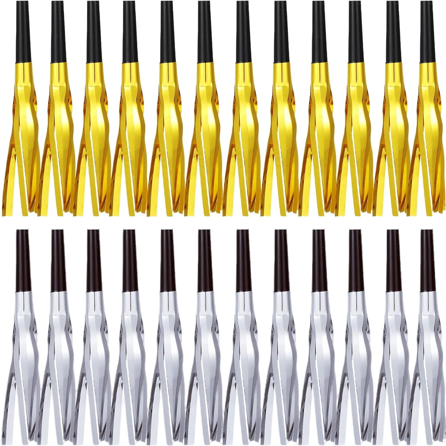 Metallic Fringed Noise Makers, 24 Pcs, Gold, Silver, for Noise Makers Party Favors, Baby Shower, Kids Birthday, New Year Party