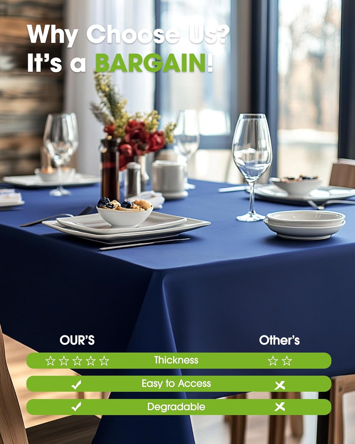 Pureegg Plastic Table Cloth Disposable 10 Pack, 54 x 108 Inch Table Cloths, Patriotic Decorations, Thanksgiving, Veterans Day Tablecloths, Rectangle, Plastic Cover, Leakproof & Sturdy, Navy Blue