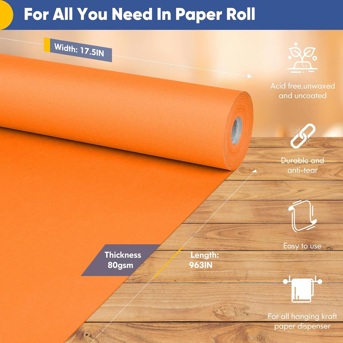 Vanhench Orange Wrapping Paper Roll 17.5"×963" (80/1/4FT), Orange Kraft Paper Roll，Solid Color Art Kraft Craft Paper Roll for Gift Wrapping, Birthday, Bouquet Flower Poster Bulletin Board Paper