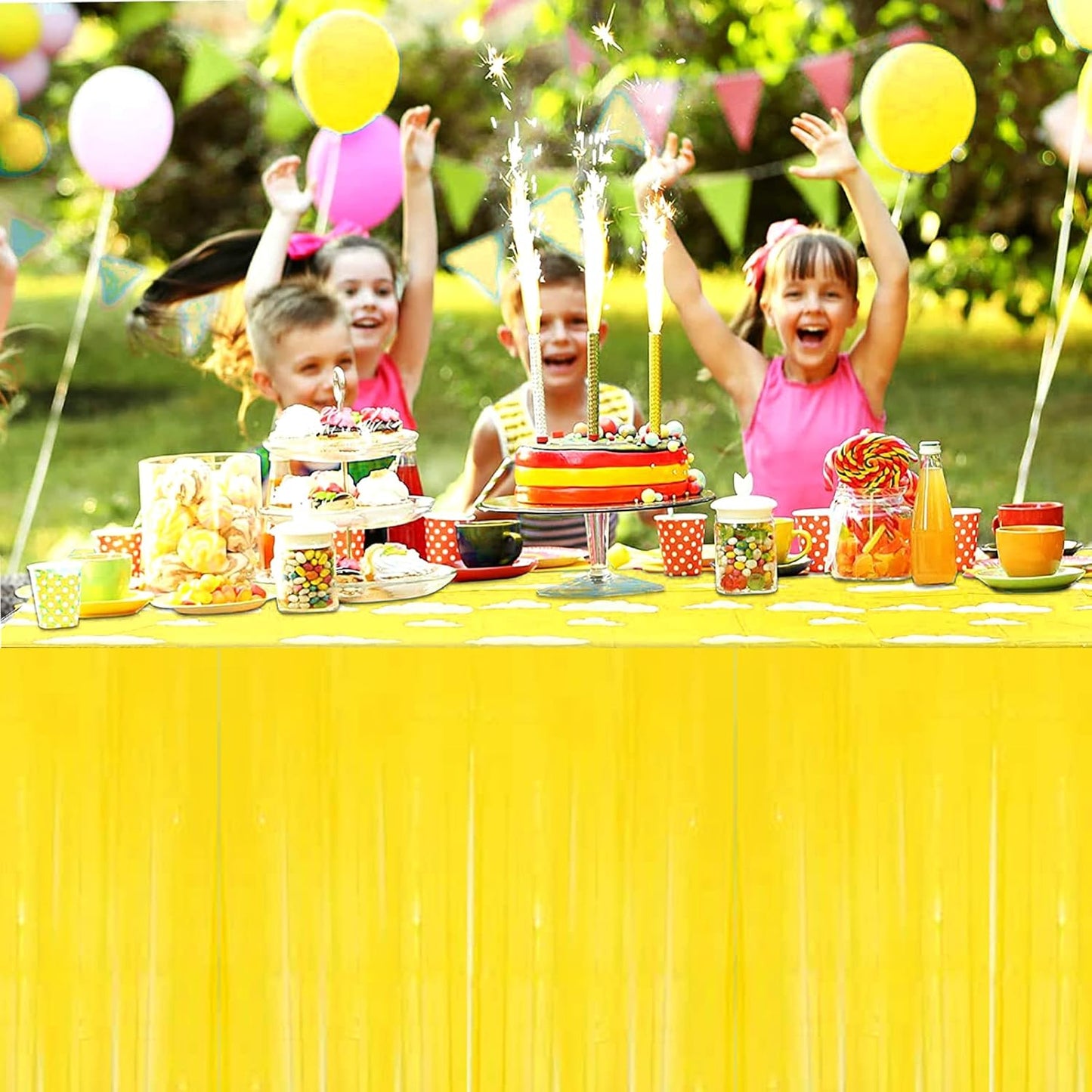 4 Pack 29x108 Inch Metallic Foil Fringe Tinsel Table Skirts for Rectangle Tables Streamer Backdrop for Wedding, Birthday, Parade Floats, Christmas, Halloween Party Decoration(New Yellow)