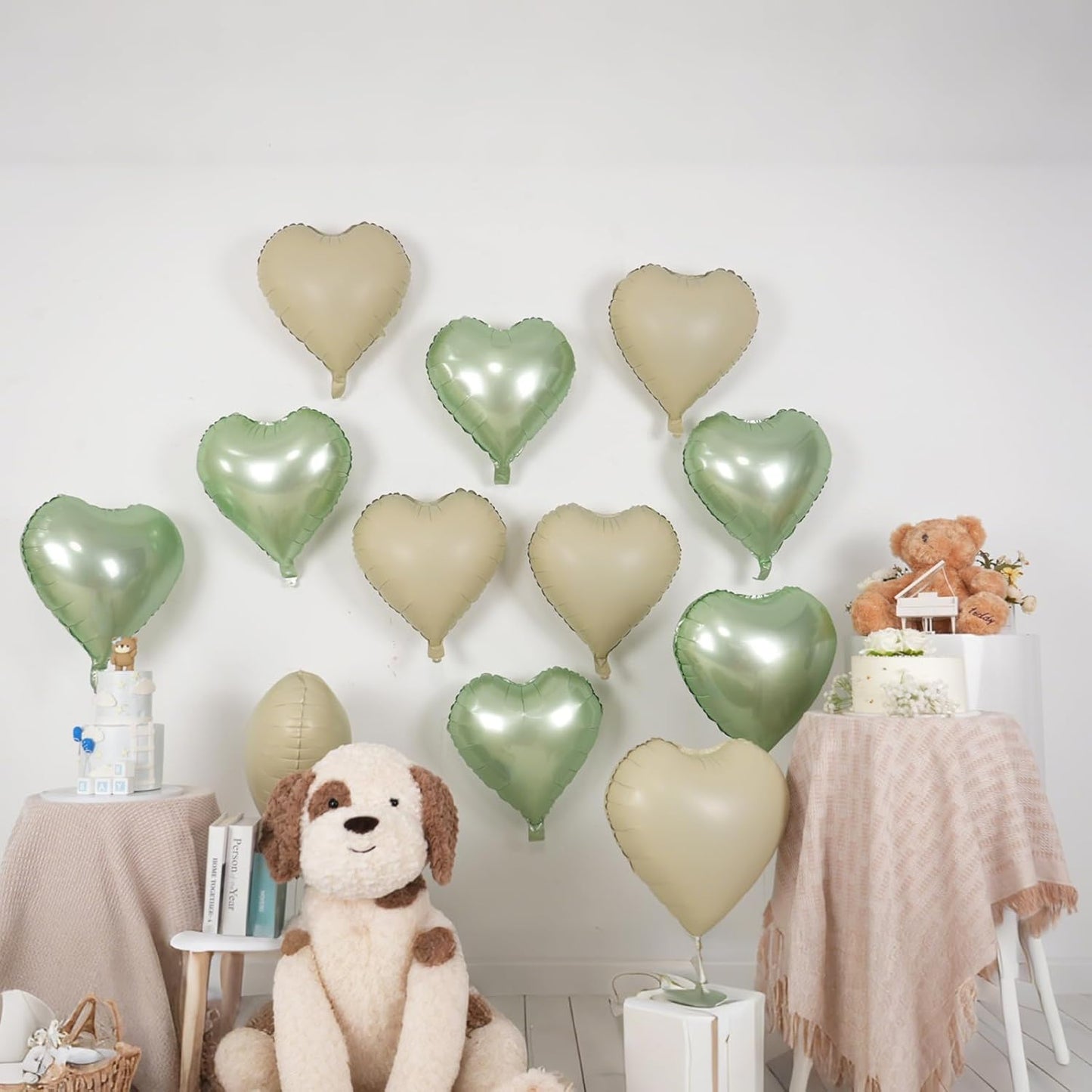 Sage Green White Heart Balloons,12Pcs 18 Inch Oliver Green Cream Foil Love Heart Shaped Balloons for Baby Shower Birthday Party Bridal Engagement Wedding Anniversary Valentines Day Decorations