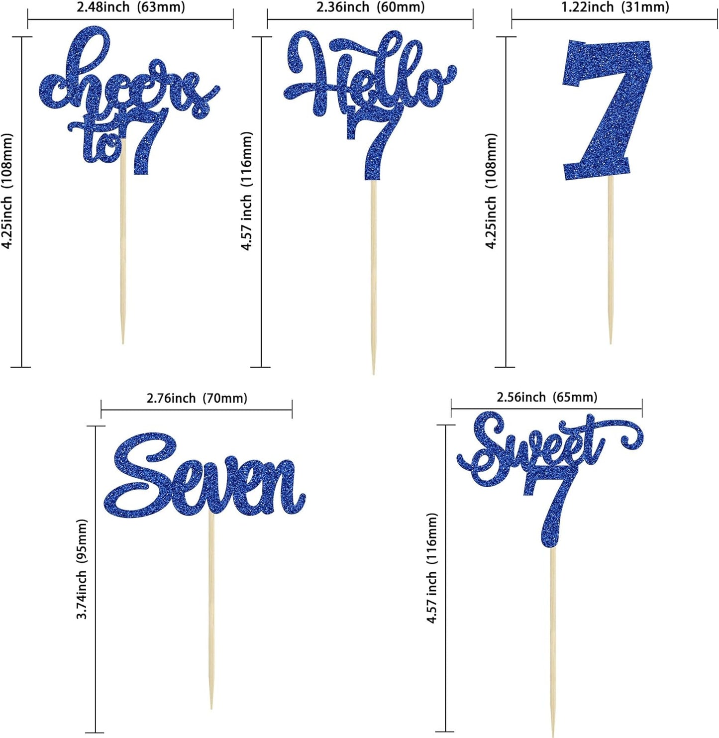 30Pcs 7th Birthday Cupcake Toppers Glitter Seven Happy 7 Cupcake Picks Cheers to 7 Years Old Cake Decorations for 7th Birthday Party Supplies Deep Blue