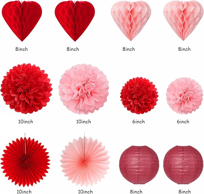 Pink-Red Burgundy Valentines-Day Galentines Party-Decorations - 22pcs Be Mine Love Banner,Paper Lanterns Honeycomb Balls,Tissue Pom Poms Flowers Fans,Happy Anniversary Decor Supplies Hugmoon