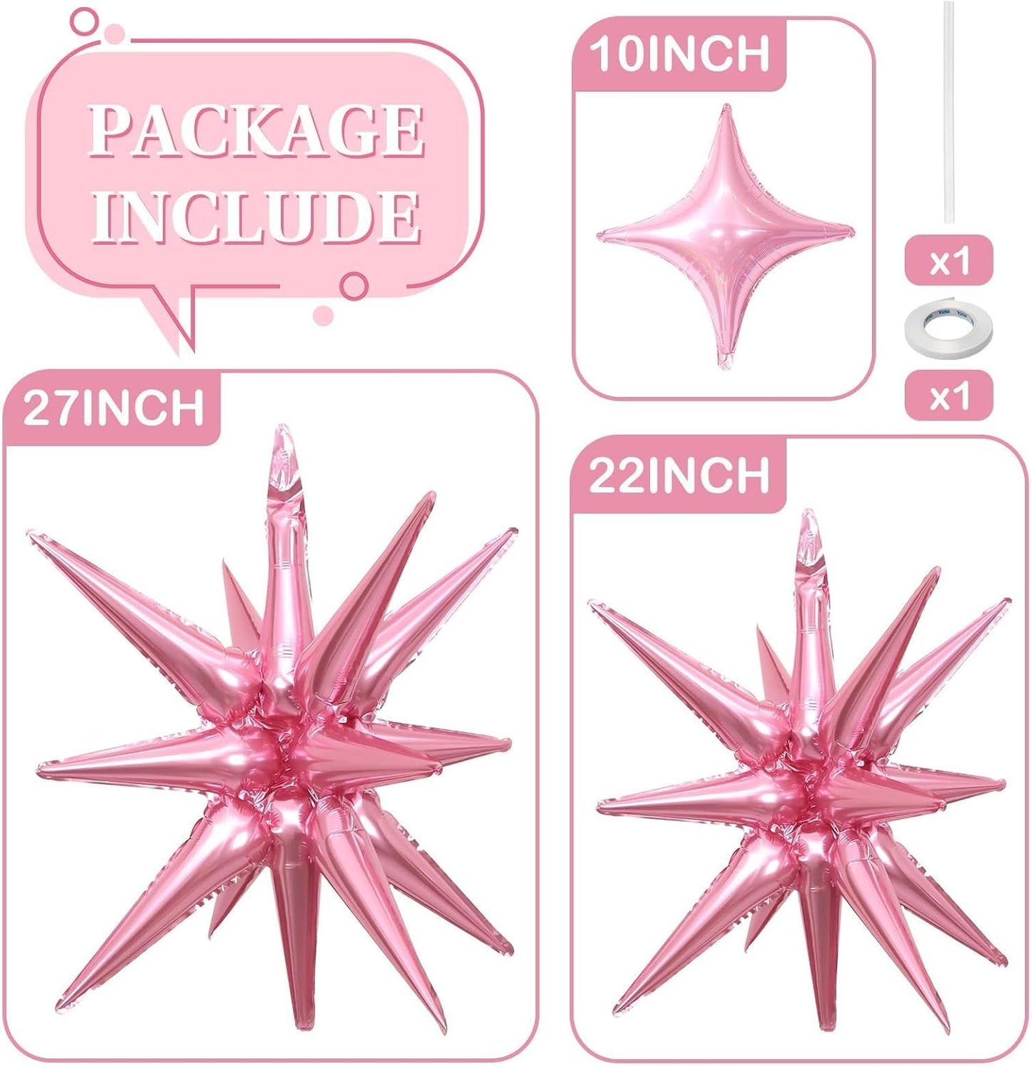 Pink Star Balloons 12pcs, 27/22 Inch Foil Star Explosion Balloons, Large Spike Mylar Cone Balloon, Fireworks Shape Balloon for Wedding Engagement Baby Shower Valentine's Day Bridal Shower