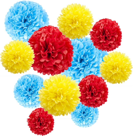ZOOYOO Paper Tissue Pom Poms, 12 Pcs Red Yellow Blue Pompoms Party Hanging Tissue Flowers for Birthday Party Decorations