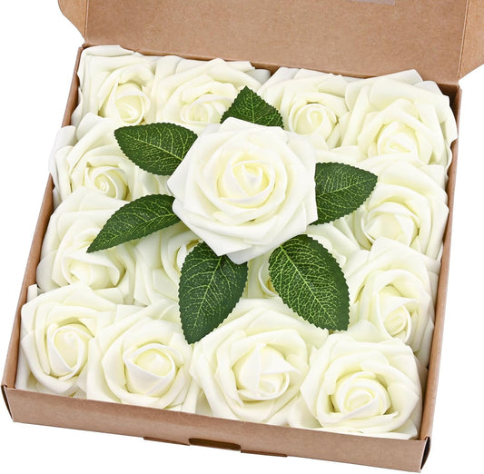 BLEUM CADE 16Pcs Artificial Flowers Fake Roses with Stems, Ivory White Boxed Foam Roses for DIY Bouquets Centerpieces Wedding Party Arrangement Bridal Shower Decor