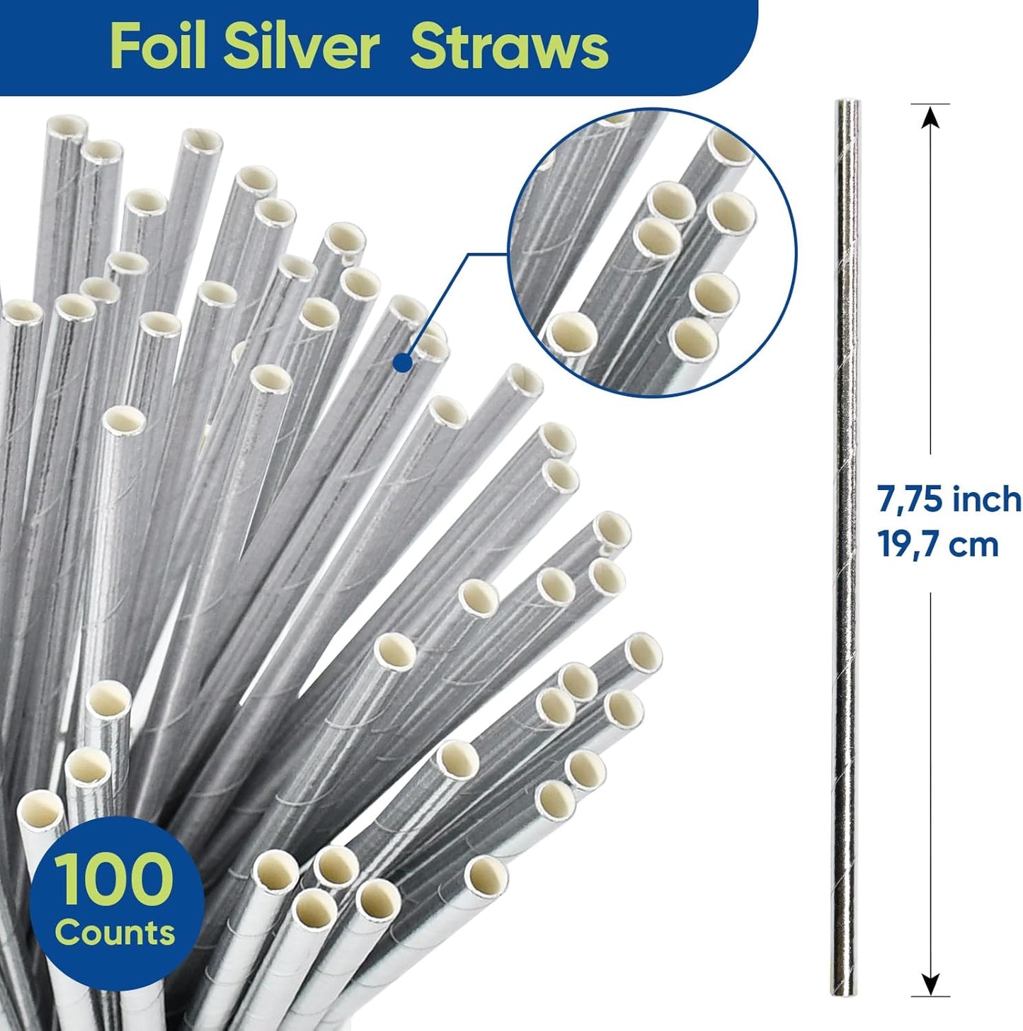 7.75" x 0.24" Silver Disposable Paper Drinking Straws for Cocktails, Party, Wedding, Bars, Restaurants, 100 Counts