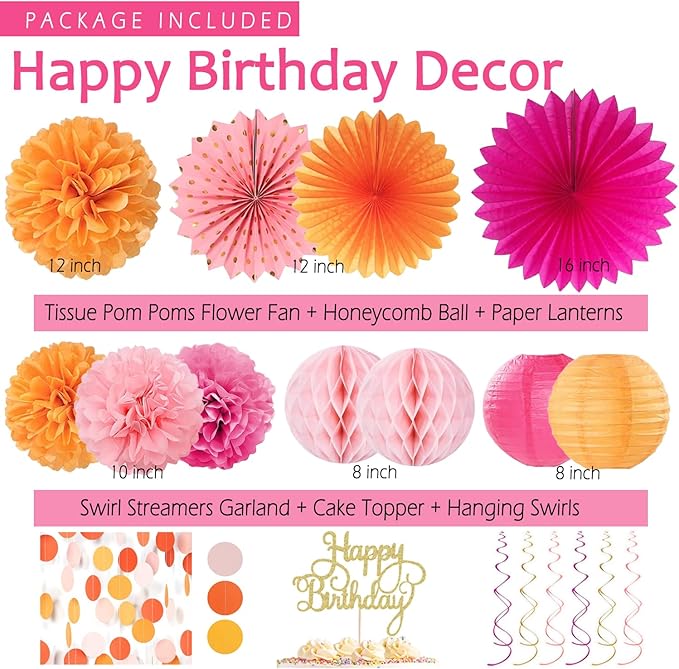 Hot-Pink Orange Birthday Decoration for Women Girl, Fall Peach Burnt-Orange Gold Balloon Décor-Happy Banner, Streamers Lanterns Honeycomb, Tissue Flowers Pom Poms Fan, Boho Sunset Autumn Party Décor