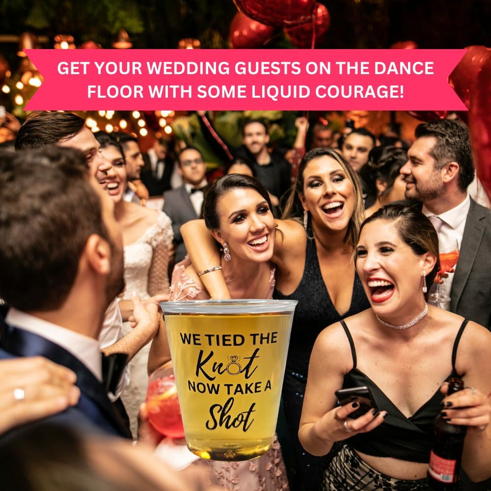 Disposable Plastic Wedding Shot Glasses, 200 Pack, 'We Tied the Knot Now Take a Shot' with Ring Design, Perfect for Weddings, Bridal Showers, Engagement Parties