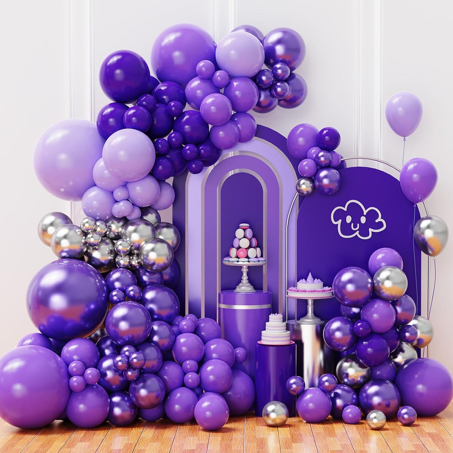 Purple Balloon Garland Arch Kit, Metallic Chrome Purple Balloons and Silver Balloons with Different Size for Birthday, Wedding, Baby Shower Decorations