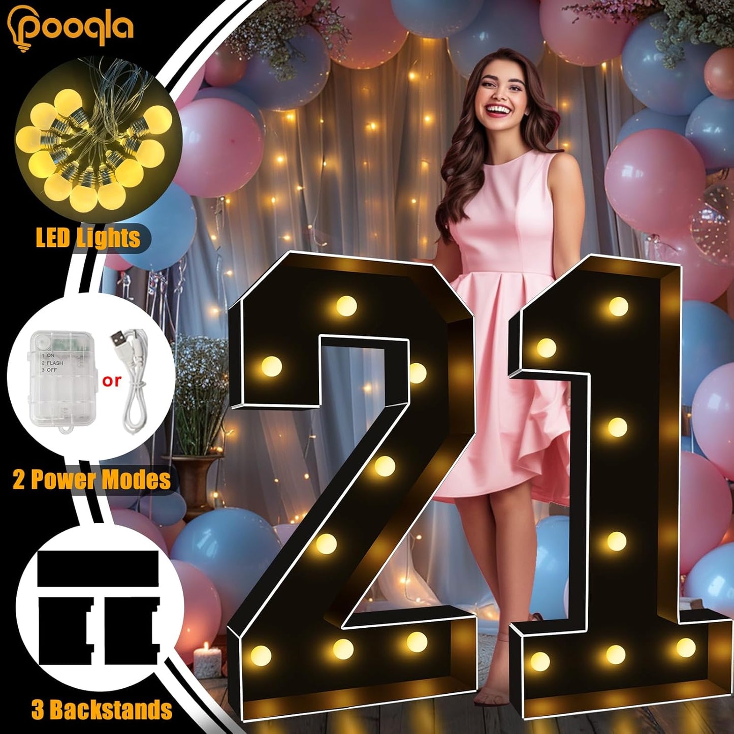 Pooqla 3FT Marquee Light Up Numbers, Black Lighted Party Decor for her him Women Men, Giant Mosaic Light Up Numbers for 2nd 12th 21st Birthday Anniversary Decoration, Number 2