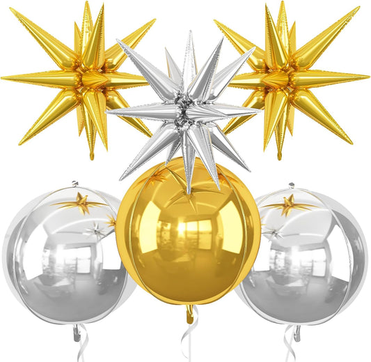 6Pcs Gold Silver Foil Balloons,22Inch Silver Gold 4D Round Ball Balloon and Explosion Star Balloon for Birthday Wedding Baby Shower Prom Party Anniversary Decorations