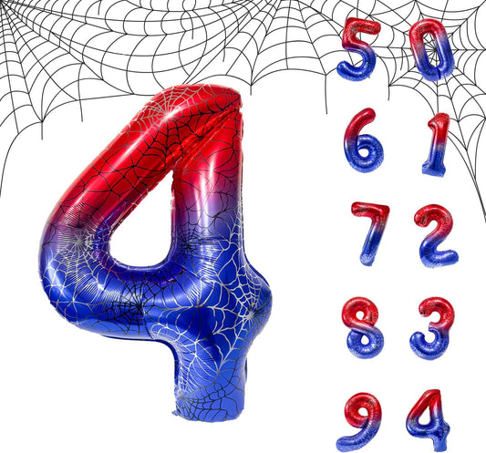 Spider Web 40Inch Foil Number Balloons Set 0-9 Includes Inflation Straws - Giant 4 Decor for Birthdays, Anniversary Party Arch Supplies (Spider, Number 4)