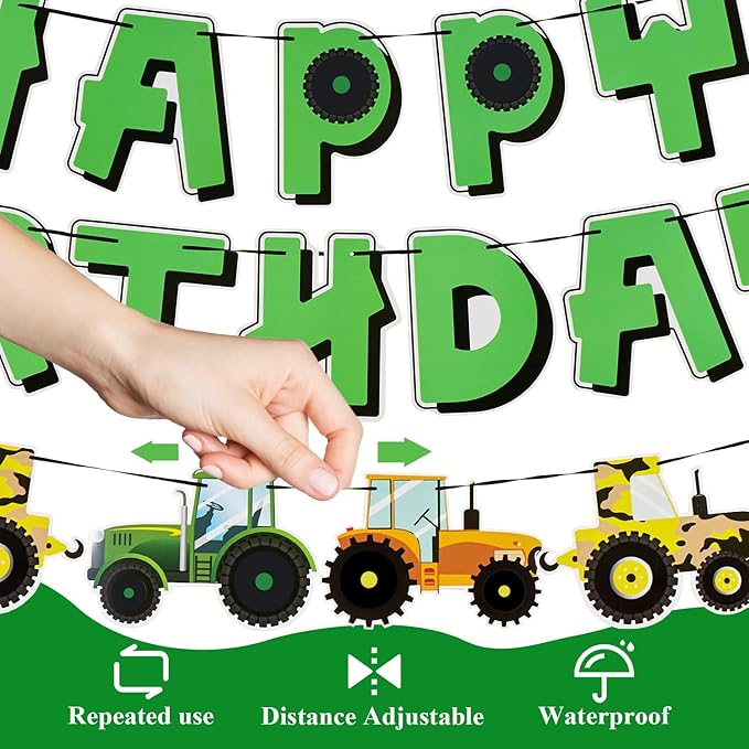 SUNBEAUTY Green Tractor Happy Birthday Banner Set with Tractor Garland Banner for Tractor Farm Themed Birthday Party Supplies Decorations | Pre-Strung