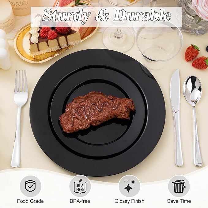 BESTSTAR 200PCS Black Plastic Plates Set, 100 10.25 inch Dinner Plates and 100 7.5 inch Dessert Plates, Premium Disposable Plates for Party, Wedding,Halloween