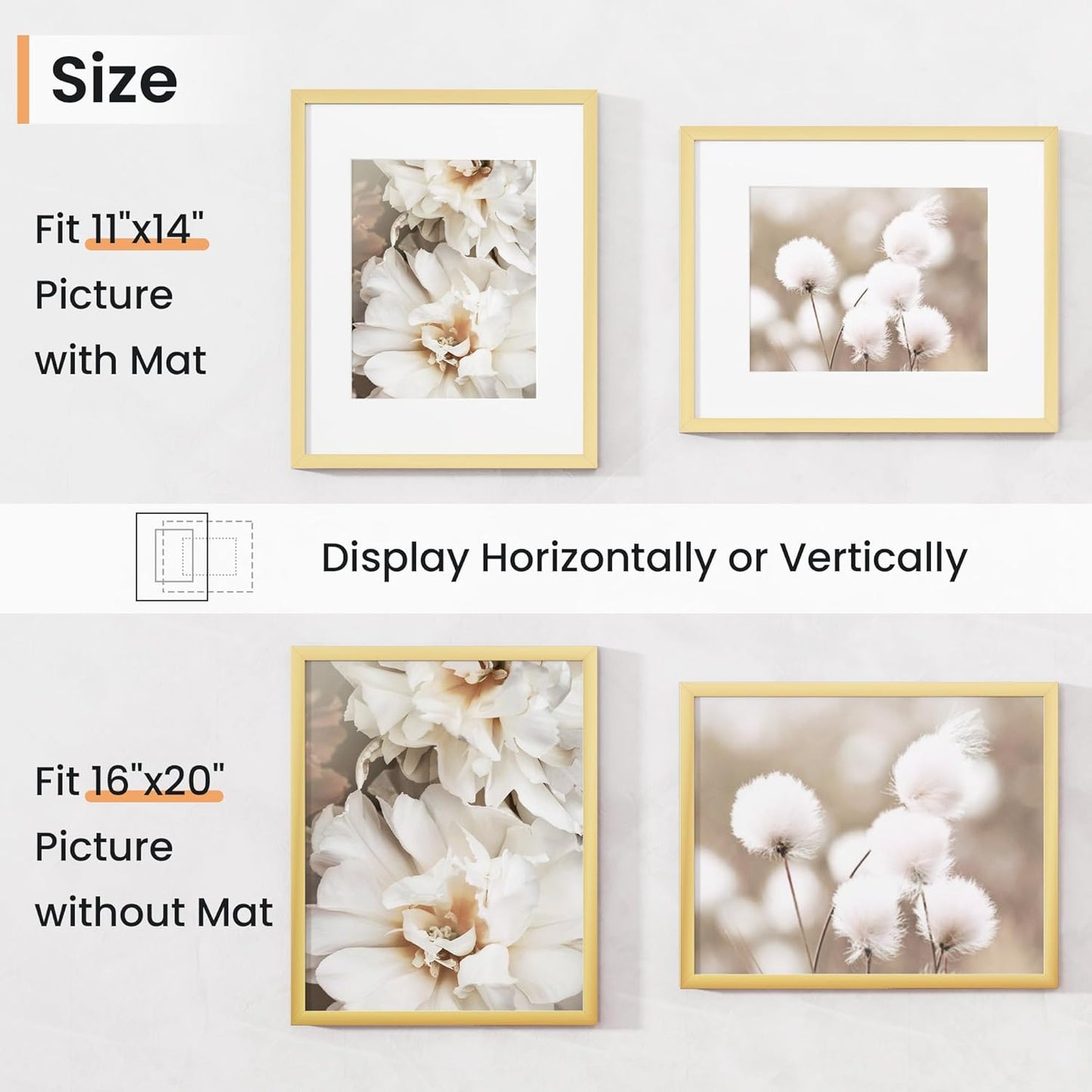 16x20 inch Picture Frame, 16x20 Photo Frames with 11x14 Removable Mat - High Definition Plexiglass - Vertical and Horizontal Display - Wall Hanging Frame - Gold, 3 Pack