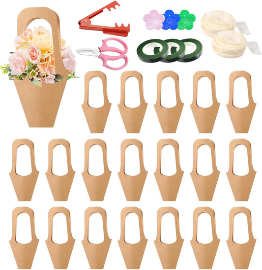 50 pc Kraft Paper Flower Bags with Handles Cones & Brown Bouquets - Shears, Thorn Remover, Floral Tape & Lace Ribbon (13.78Inches)
