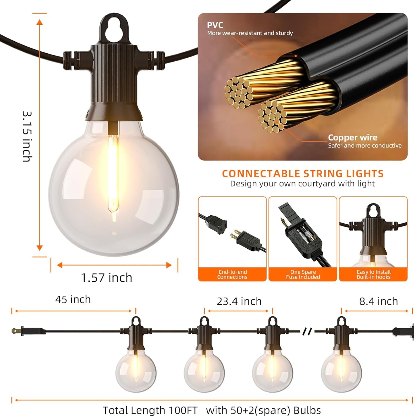 Kawaya Outdoor String Lights 100 FT LED Patio Light with 50+2 Shatterproof Edison Globe Bulbs - IP65 Waterproof Dimmable Hanging Lights - 2700K Warm White Lighting for Outside Porch Deck Bistro Cafe