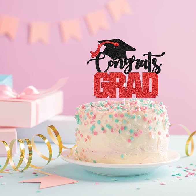 Congrats Grad Cake Topper - High Sohool/College Graduation Party Decoration Supplies - Congratulations Class of 2025 Party Cake Decorations (Red)