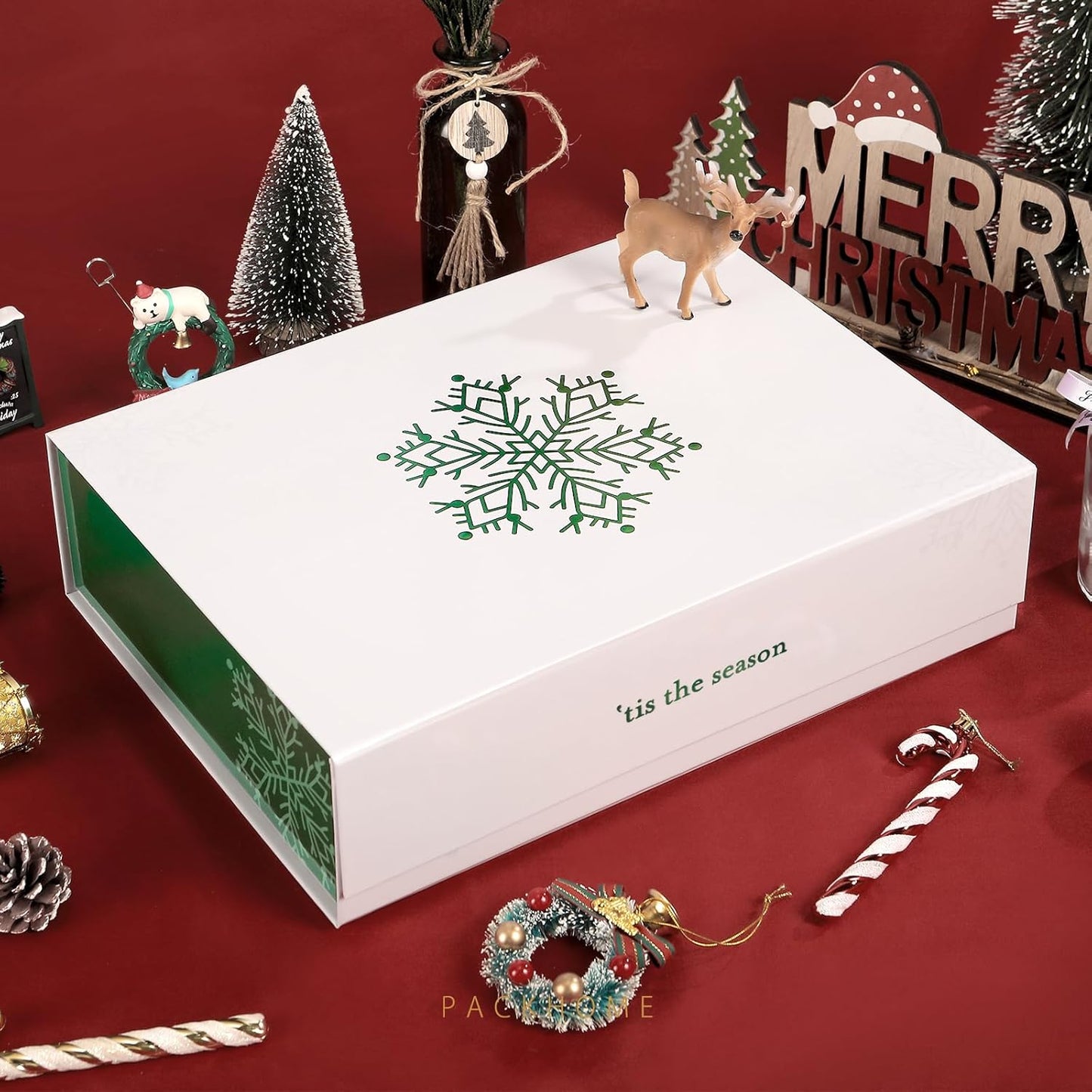 PACKHOME 6 Christmas Gift Boxes 13x9.7x3.4 Inches, Large Gift Boxes with Lids, Sturdy Shirt Boxes with Magnetic Lids for Wrapping Gifts (Green Snowflake Pattern)