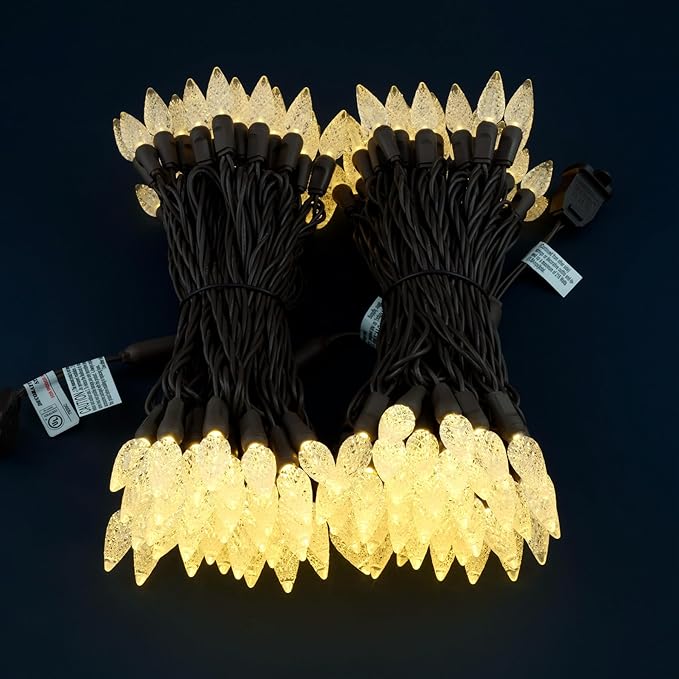 140 Warm White Strawberry One-Piece LED Christmas Lights, Pack of 2 Strands 70 Count 36 ft, High Waterproof UL Certified C6 Outdoor String Lights (Warm White - Brown Cord)
