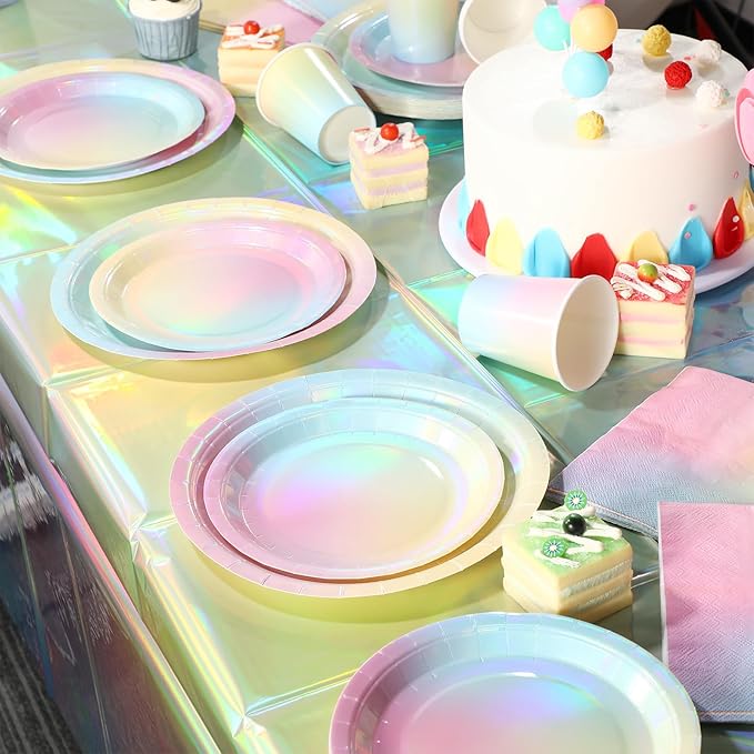 Iridescent Pastel Rainbow Party Decorations Serve 100, Holographic Pastel Paper Plates and Napkins, Disposable Iridescent Rainbow Party Plates Cups Napkins for Girls Birthday Wedding Baby Shower Party