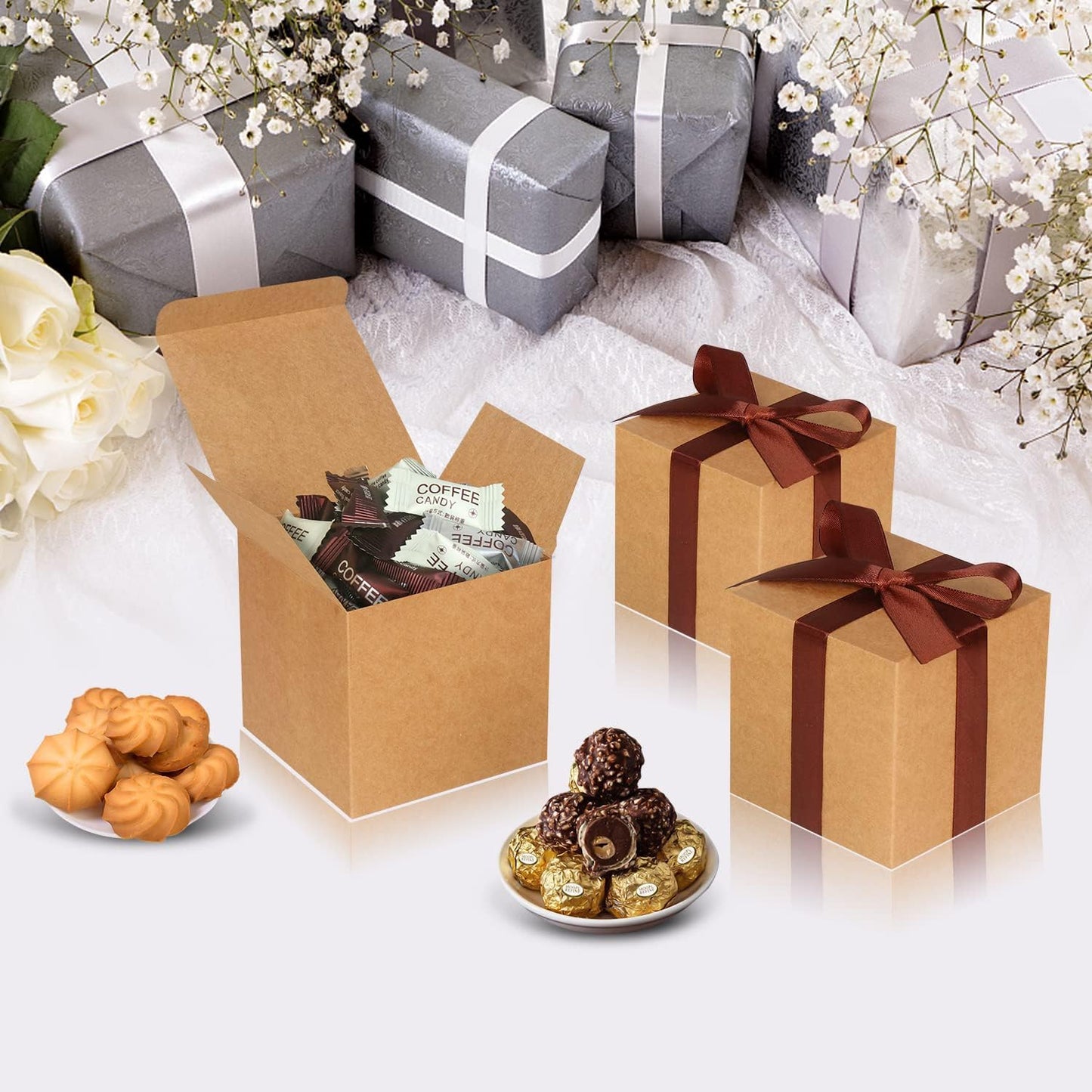 100 Pack Small Gift Boxes, 2x2x2 Inches Favor Boxes Brown Paper Gift Boxes with Lids for Presents, Crafting, Cupcake Boxes, Gifts, Candy Boxes for Wedding Party Bridal Shower Baby Shower Favors