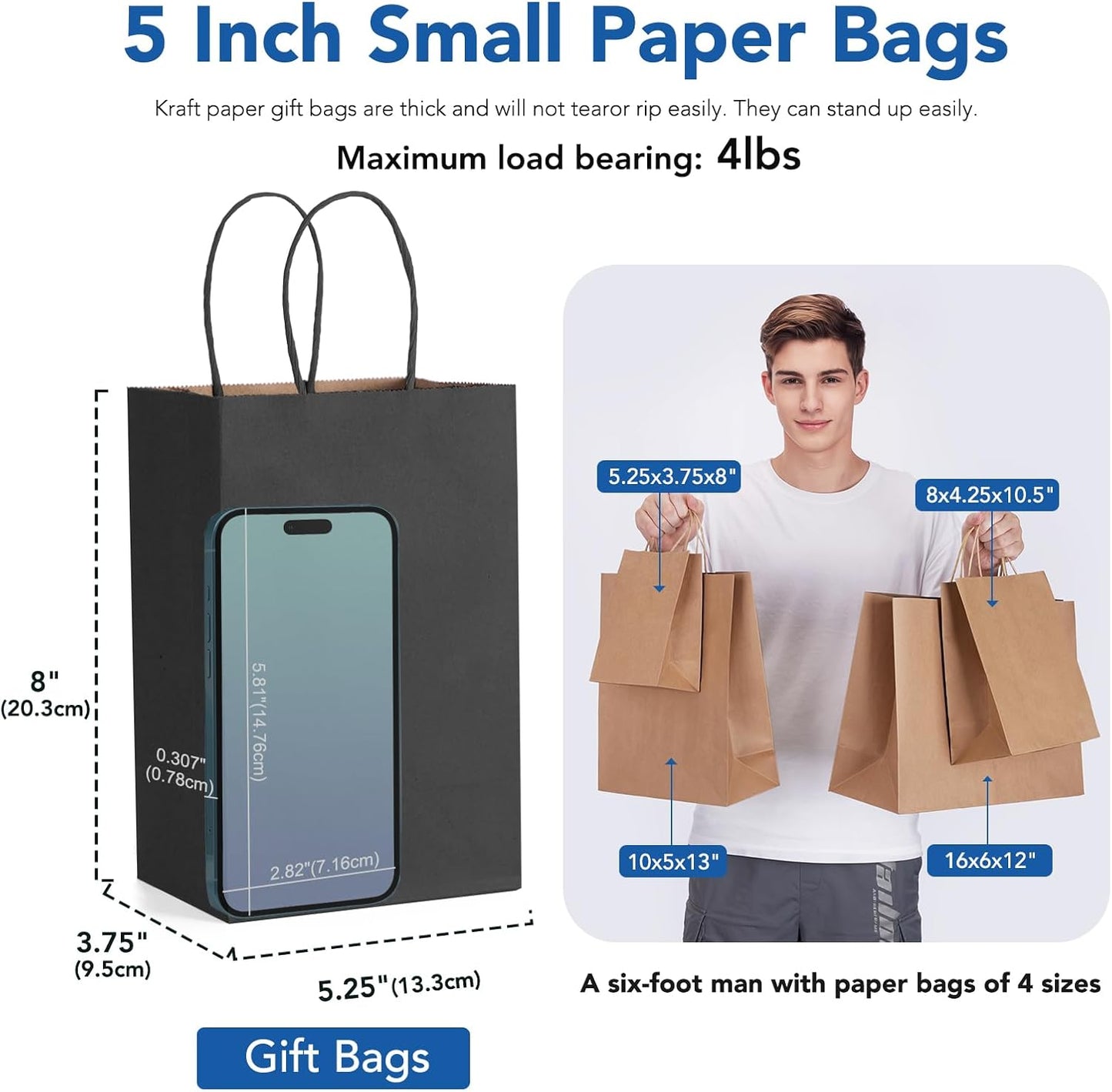 GSSUSA Kraft Paper Gift Bags 5.25x3.75x8'' 20 Pcs, Black Paper Bags with Handles, Bulk Kraft Gift Bag for Shopping, Craft, Grocery, Party, Retail, Lunch, Business, Wedding, Merchandise, Boutique