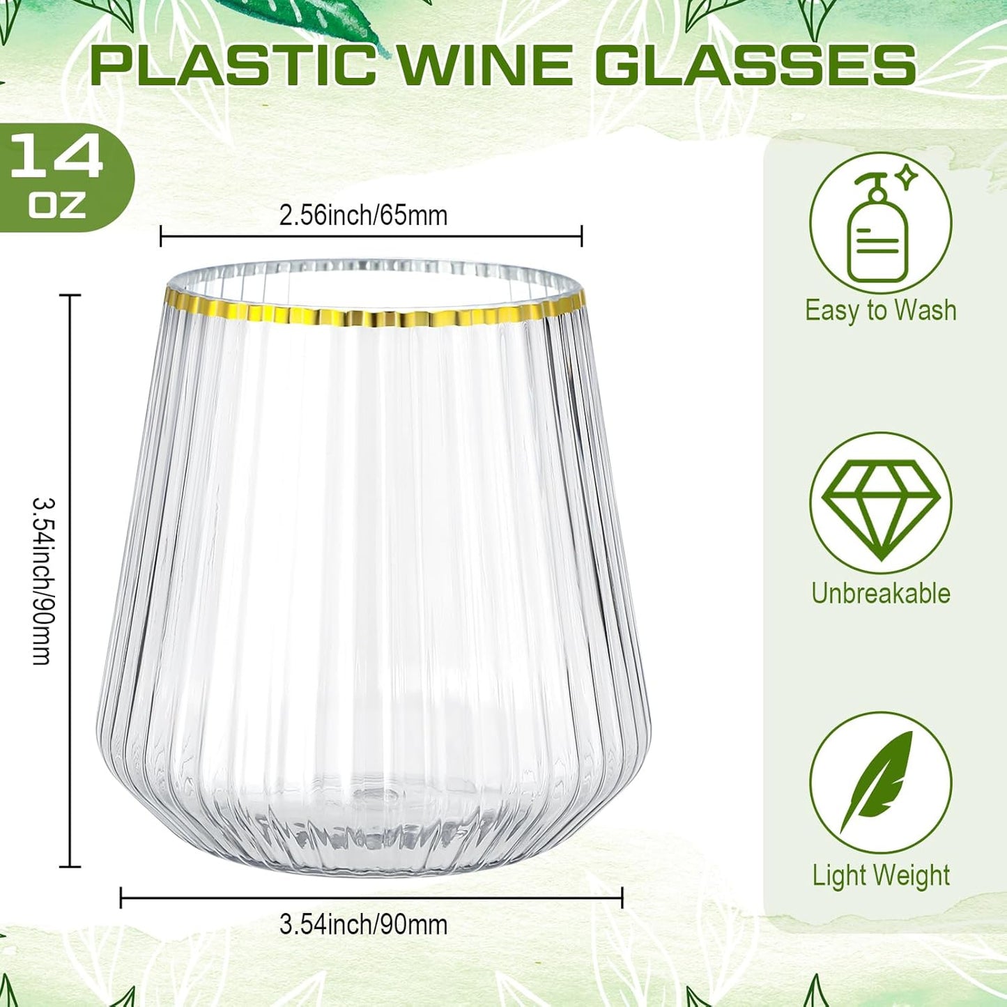 Suclain Plastic Wine Glasses Ribbed Stemless Wine Glasses 14oz Vertical Design Unbreakable Cups for Outdoor Indoor Vintage Elegant Champagne Whiskey Cups for Party Wedding(Clear, Gold,50 Pcs)
