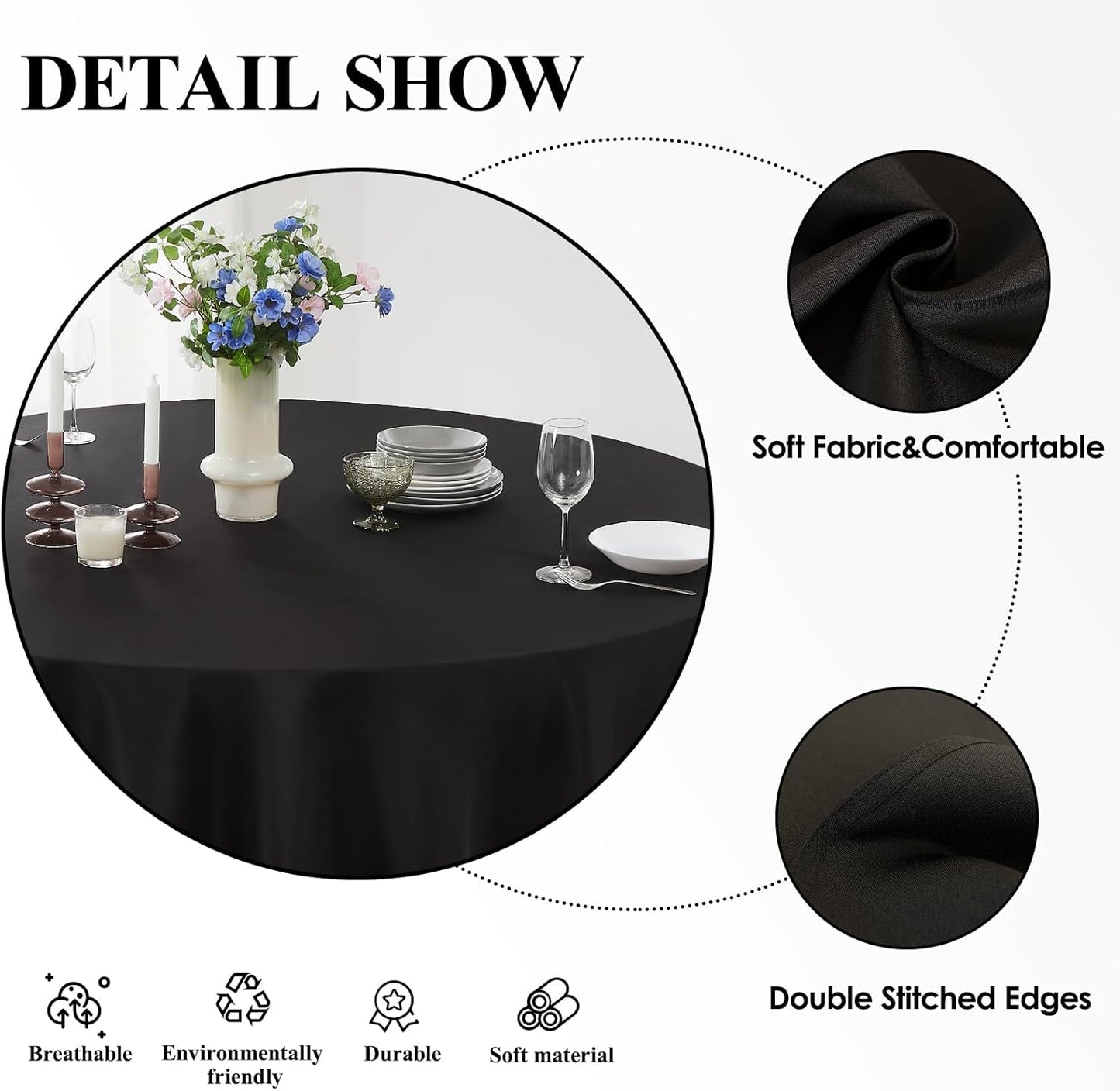 Round Tablecloth 2 Pack 90 Inch Black Tablecloths Washable Decorative Linen Polyester Table Clothes Cover for Dining Table Banquets Buffet Parties and Wedding