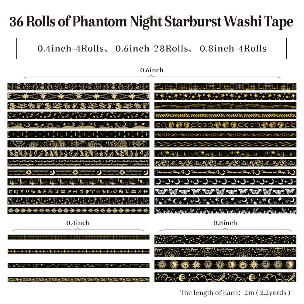 36 Rolls Glow-in-The-Dark Starry Washi Tape Set with Gold Foil Celestial Patterns - Writeable Decorative Tapes for Scrapbooking, Bible Journaling, Bullet Journals 0.6" x 79" per Roll