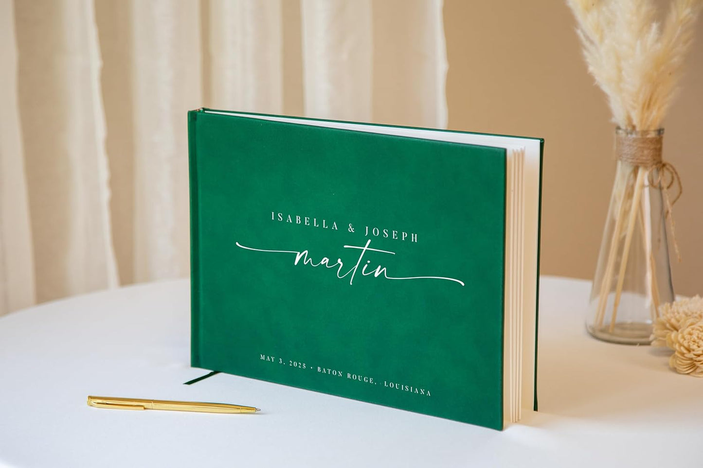 Personalized Guest Book - 11.5" x 8.5" Custom Bride & Groom Names with Bookmark and Hard Cover 140 GSM Blank Pages, for Weddings Guest Book, Engagements, Birthdays, Special Events, Emerald
