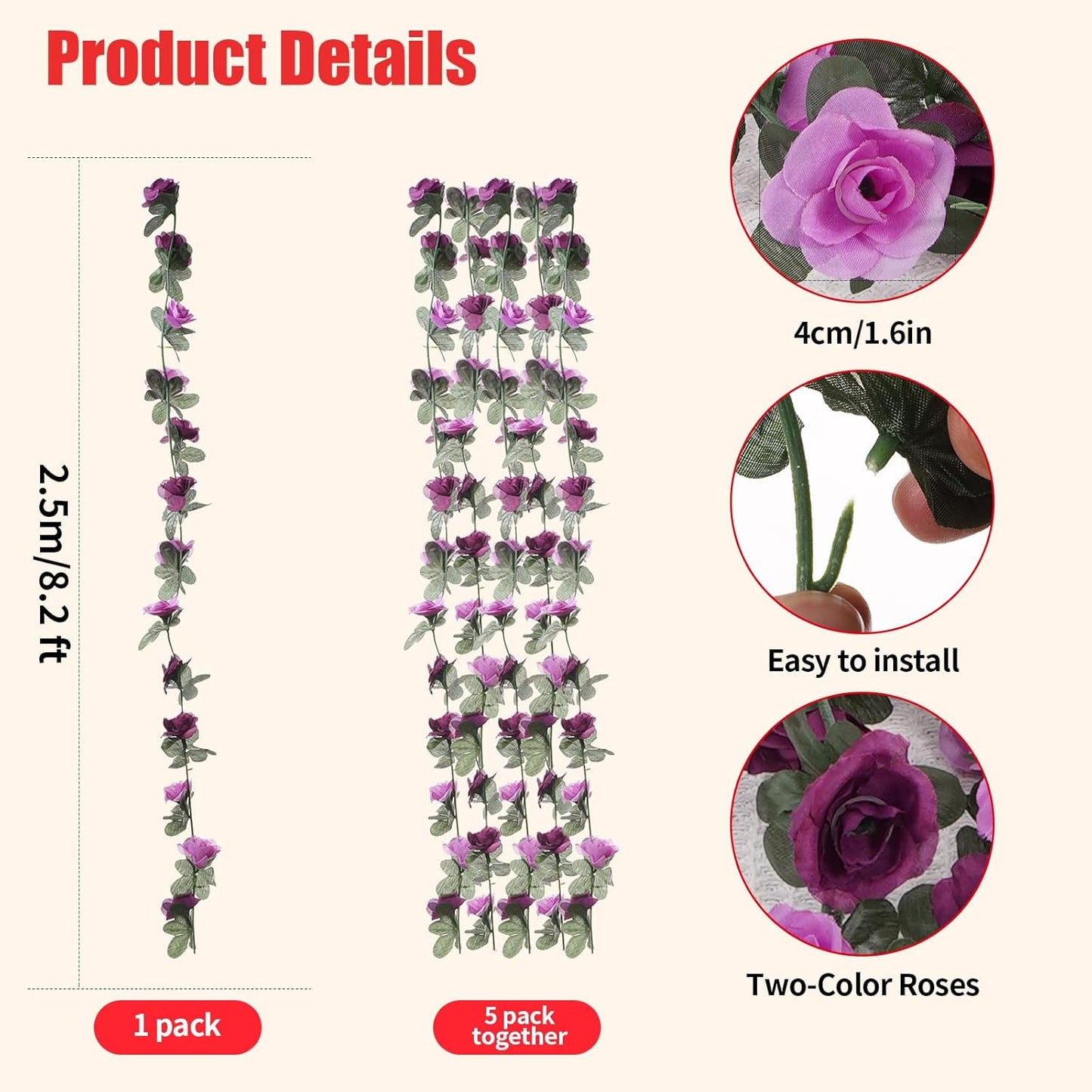 5 Pcs 41FT Flower Garland, Artificial Rose Garland Flowers Plants Fake Flower Hanging Rose Ivy, Birthday Party Valentine's Day Wedding Wall Arch Decor（Purple）
