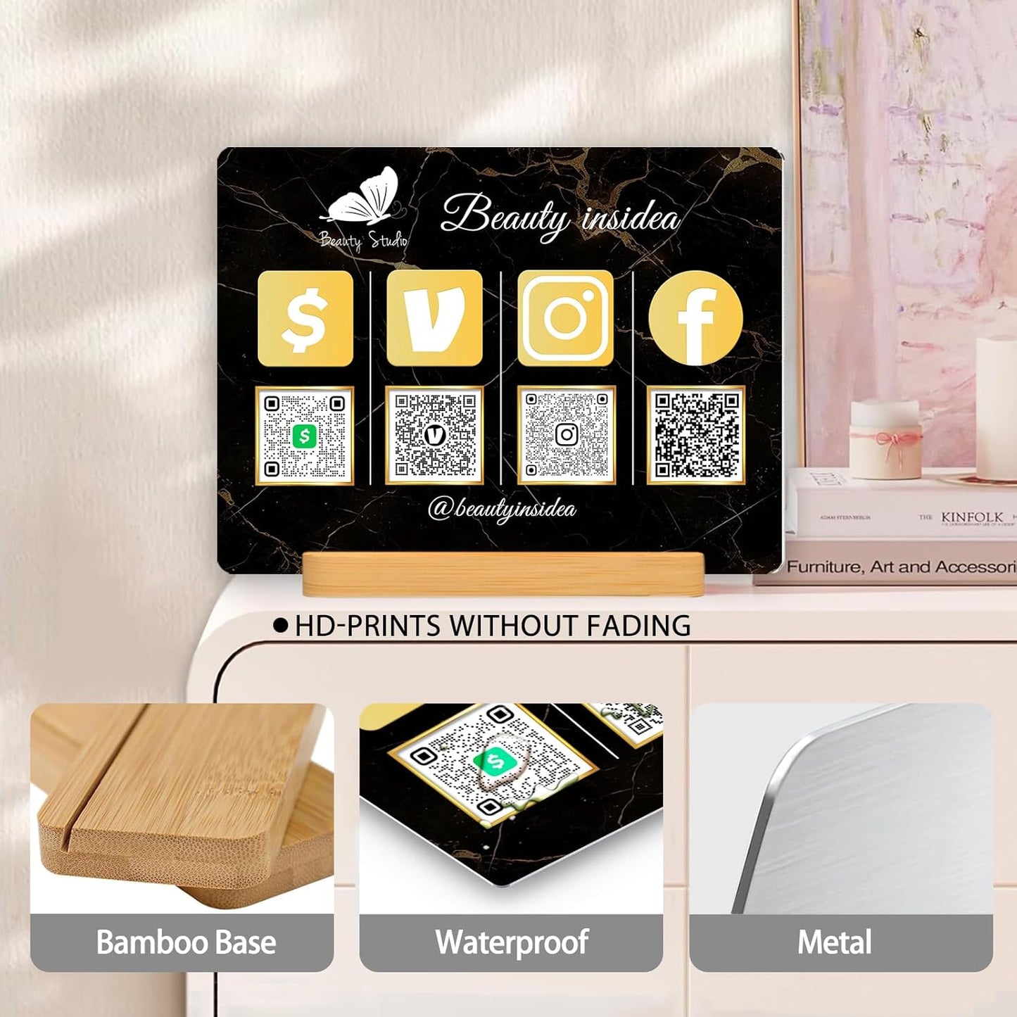 Personalized Custom Metal QR Code Sign Venmo Cashapp Scan to Pay with Stand Instagram Facebook Social Media QR Signs Bar Code QR Plaque Print for Business Salon Beauty Store Restaurant Wifi Sign (Vertical 4)