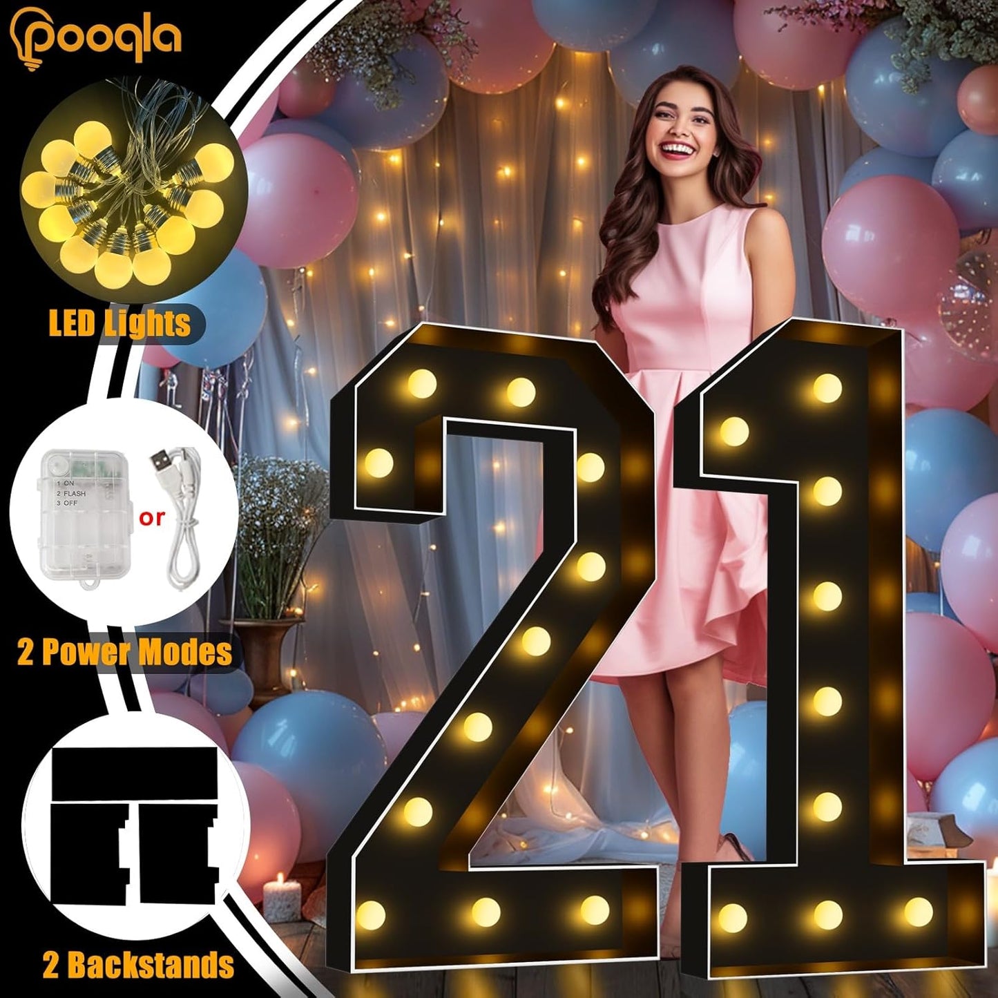 Pooqla 4 FT Light Up Marquee Numbers, Black Marquee Number Lights 4 Feet Tall for 4th 14th 40th Birthday, Giant Letter Big Mosaic Numbers for Balloons Party Anniversary Wedding Decorations, Number 4